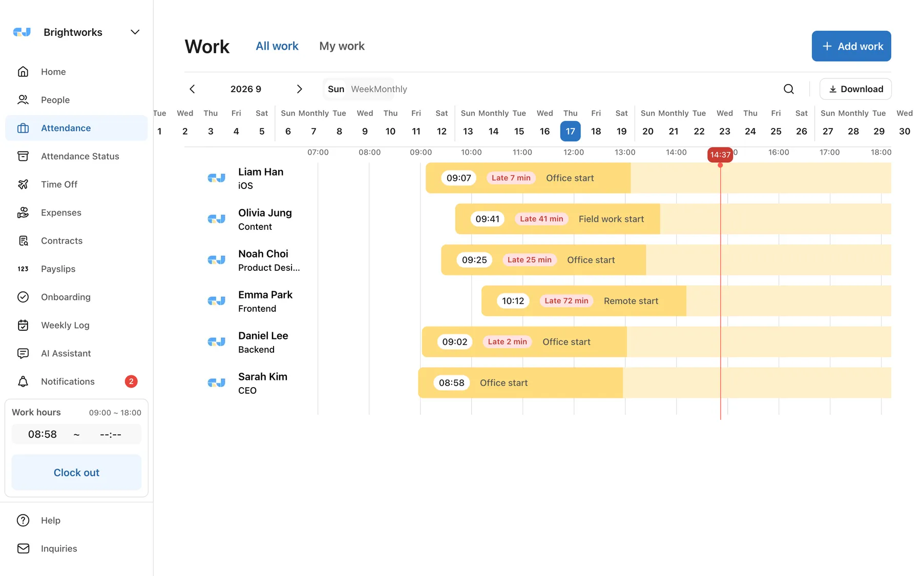 GI-JUN work screen — clock-in times and work timeline by member