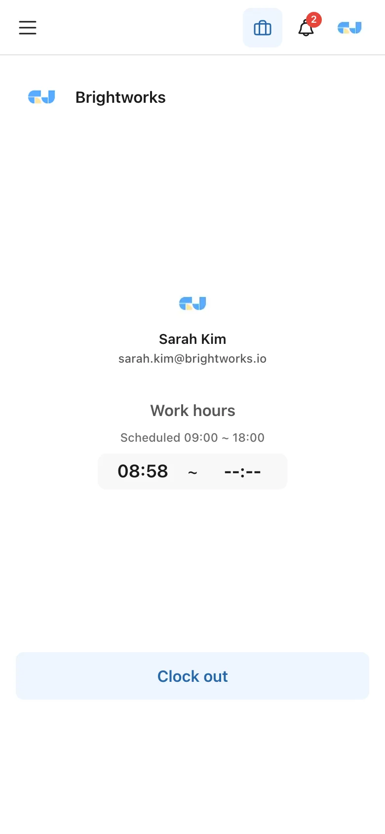 GI-JUN mobile clock-in/out screen — work hours and clock-out button