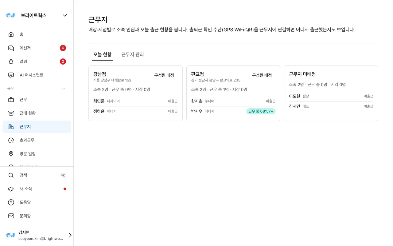 근무지 — 매장·지점별 오늘 출근 현황